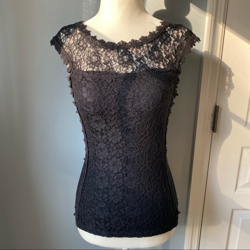 Express Lacy Floral Sheer Neckline Top